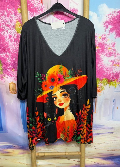Tunique oversize longue noire ou robe courte La Fillette et son chat du 42 au 56 