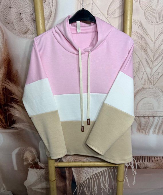 Sweat à capuche tricolore Rose bébé beige et blanc du 38 au 48 
