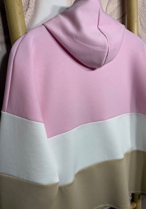 Sweat à capuche tricolore Rose bébé beige et blanc du 38 au 48 