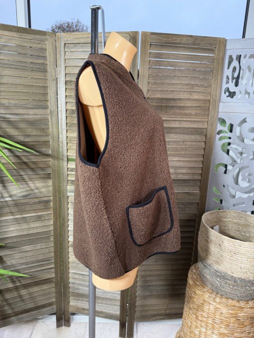 Gilet sans manches Sherpa chocolat doublé suédine du 38 au 46/48 et même +