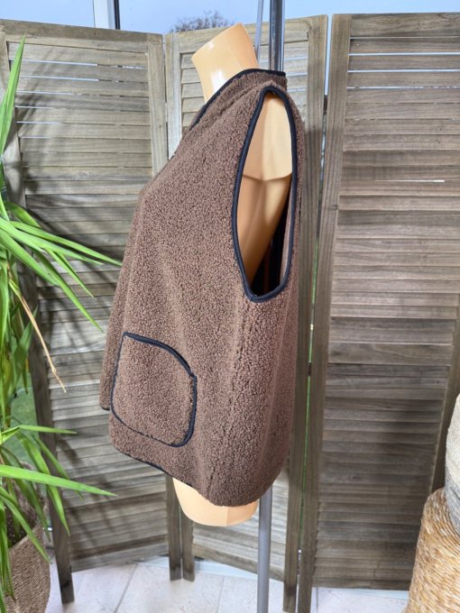 Gilet sans manches Sherpa chocolat doublé suédine du 38 au 46/48 et même +