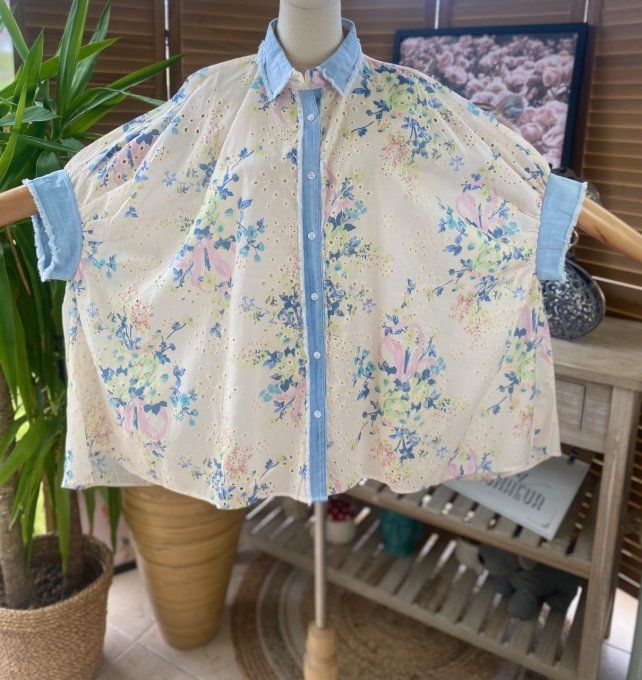 Chemise ample jeans stone et Fleurs Liberty  broderie anglaise du 42 au 54/56