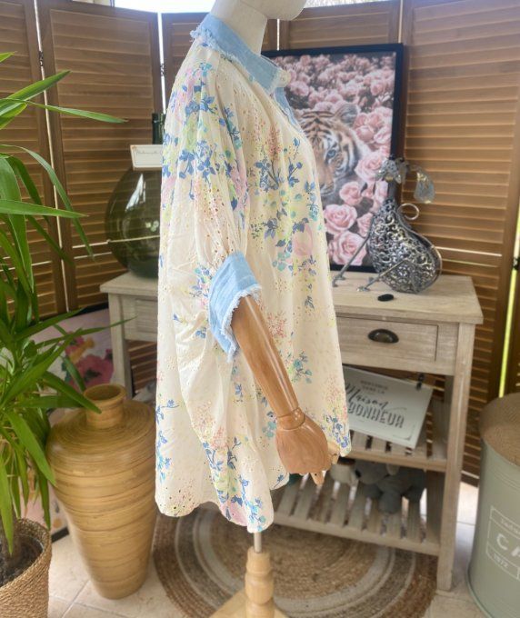 Chemise ample jeans stone et Fleurs Liberty  broderie anglaise du 42 au 54/56