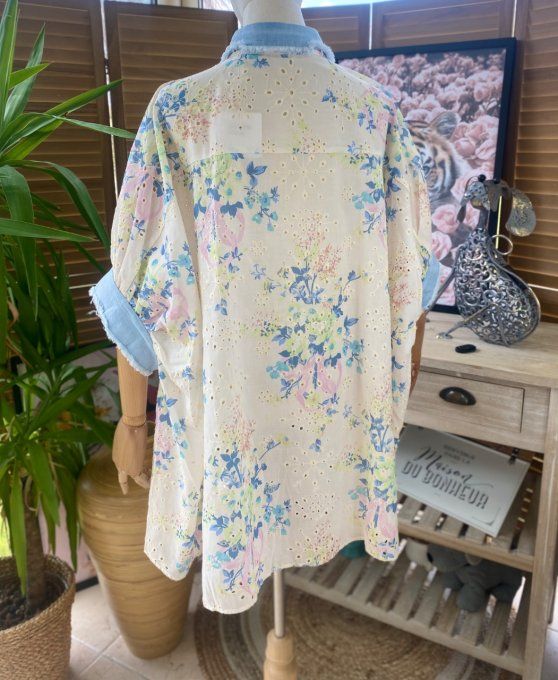 Chemise ample jeans stone et Fleurs Liberty  broderie anglaise du 42 au 54/56