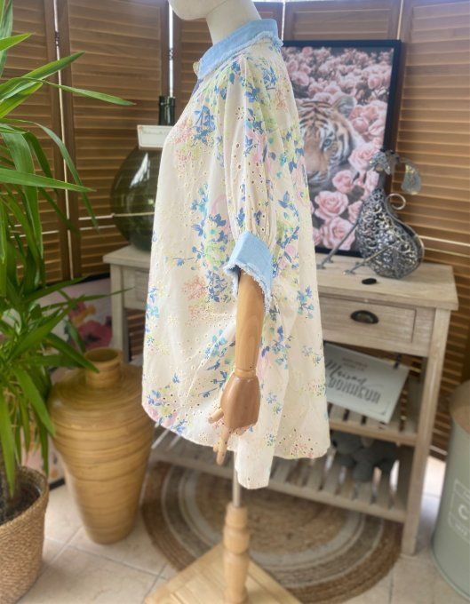Chemise ample jeans stone et Fleurs Liberty  broderie anglaise du 42 au 54/56