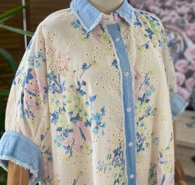 Chemise ample jeans stone et Fleurs Liberty  broderie anglaise du 42 au 54/56