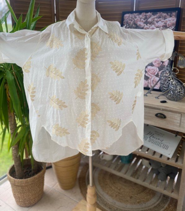 Chemise asymétrique voile de coton crème feuilles brodées dorées or du 42 au 52/54