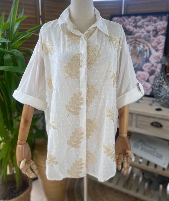 Chemise asymétrique voile de coton crème feuilles brodées dorées or du 42 au 52/54