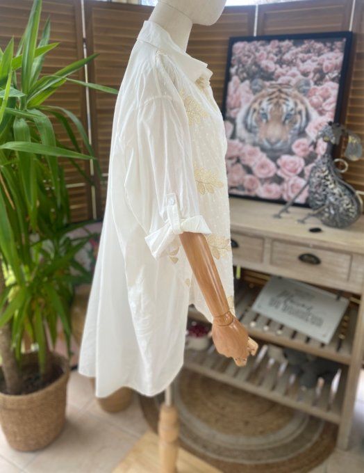 Chemise asymétrique voile de coton crème feuilles brodées dorées or du 42 au 52/54