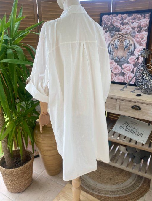 Chemise asymétrique voile de coton crème feuilles brodées dorées or du 42 au 52/54