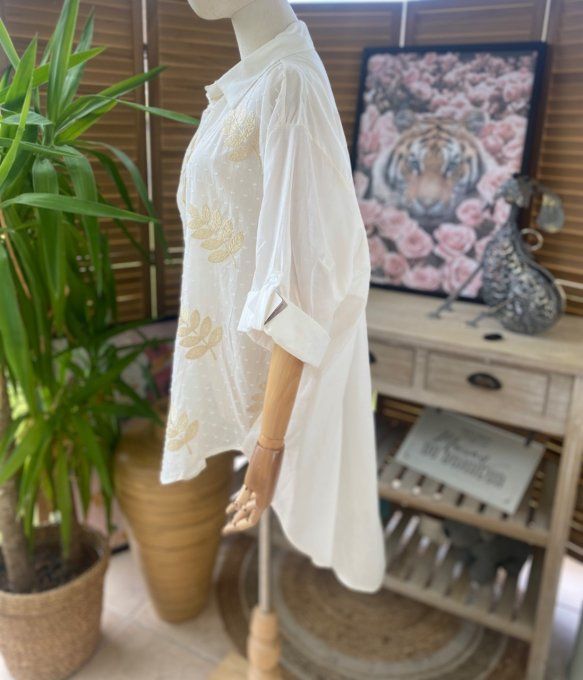 Chemise asymétrique voile de coton crème feuilles brodées dorées or du 42 au 52/54