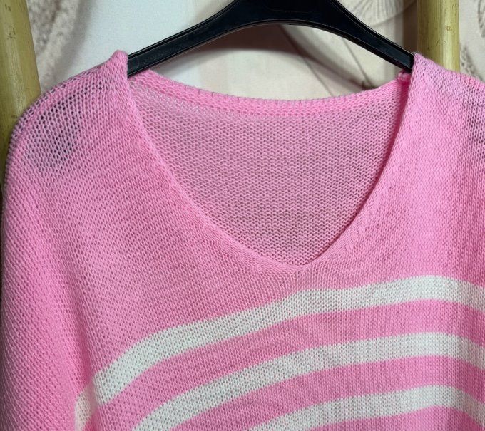 pull marinière oversize SANS LAINE rayé rose bonbon et blanc du 42 au 56/58
