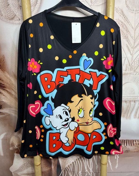 Top trapèze noir manches longues Betty Boop et son chien du 42 au 56/58  