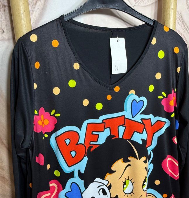 Top trapèze noir manches longues Betty Boop et son chien du 42 au 56/58  