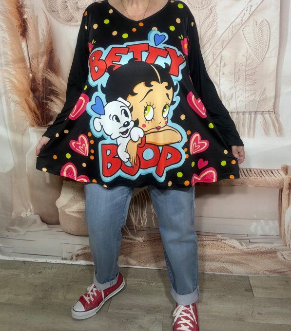 Top trapèze noir manches longues Betty Boop et son chien du 42 au 56/58  