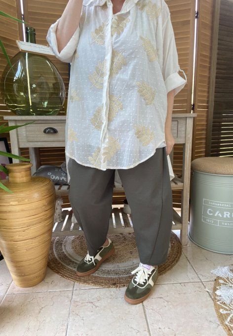 Chemise asymétrique voile de coton crème feuilles brodées dorées or du 42 au 52/54