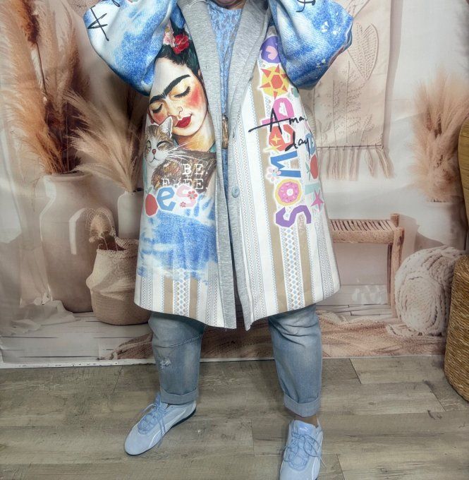 Manteau à capuche Néoprène velours Frida Kahlo et son chat confort +++ du 40 au 52 et même + 