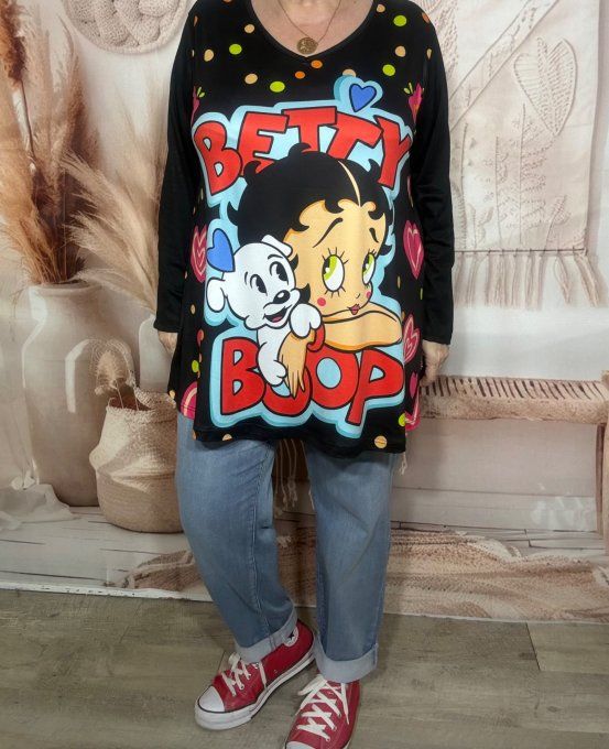 Top trapèze noir manches longues Betty Boop et son chien du 42 au 56/58  
