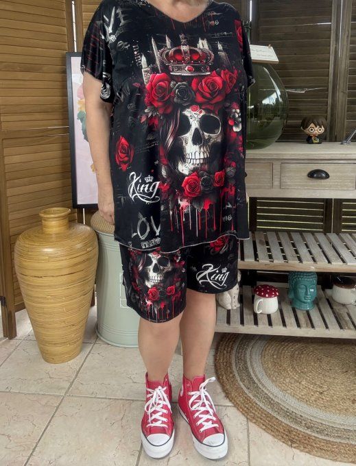 Ensemble short + top noir The Skulls Crown King & Red Roses du 38 au 50/52