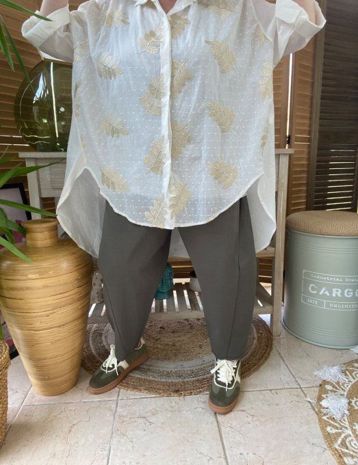 Chemise asymétrique voile de coton crème feuilles brodées dorées or du 42 au 52/54