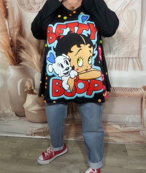Top trapèze noir manches longues Betty Boop et son chien du 42 au 56/58  