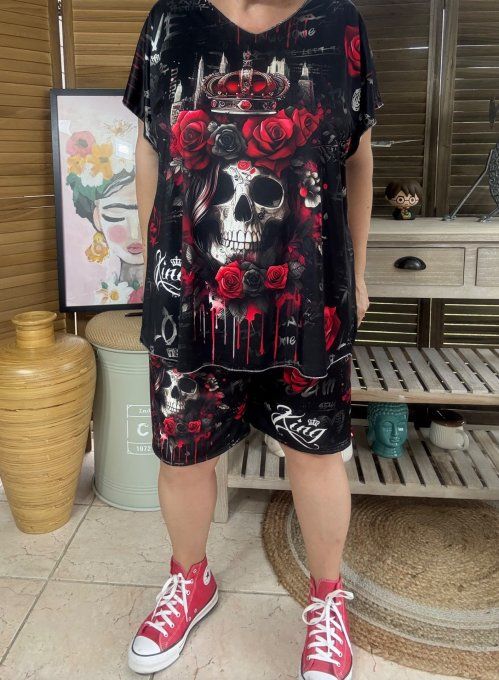 Ensemble short + top noir The Skulls Crown King & Red Roses du 38 au 50/52