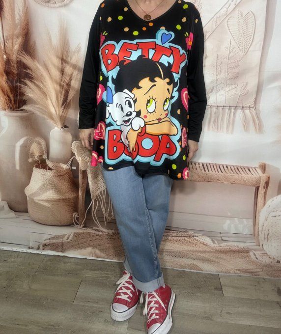Top trapèze noir manches longues Betty Boop et son chien du 42 au 56/58  