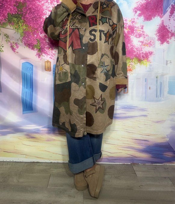 Veste à capuche longue surchemise suédine Camouflage Pois Etoiles Douceur +++ du 40 au 52 et même +