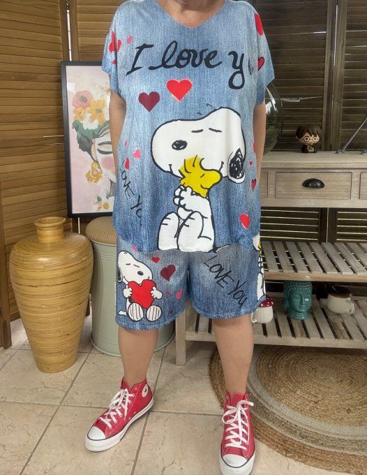 Ensemble short + top effet jeans délavé Snoopy & Woodstock in Love du 38 au 50/52  