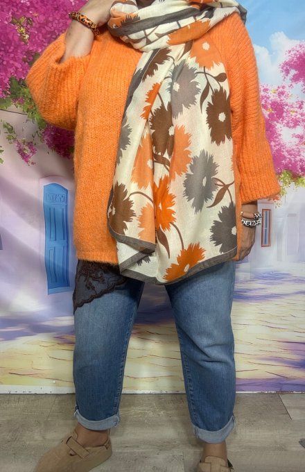 Grand Foulard Écharpe crème Marguerites orangées viscose douceur ++++ TOUTES TAILLES