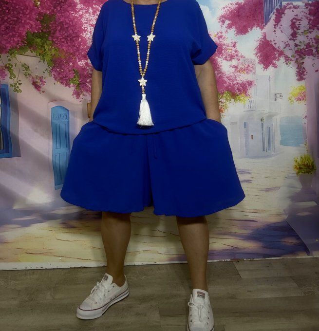 Ensemble Bleu Royal Tunique ample + short cuisses larges taille élastiquée confort +++ du 40 au 50