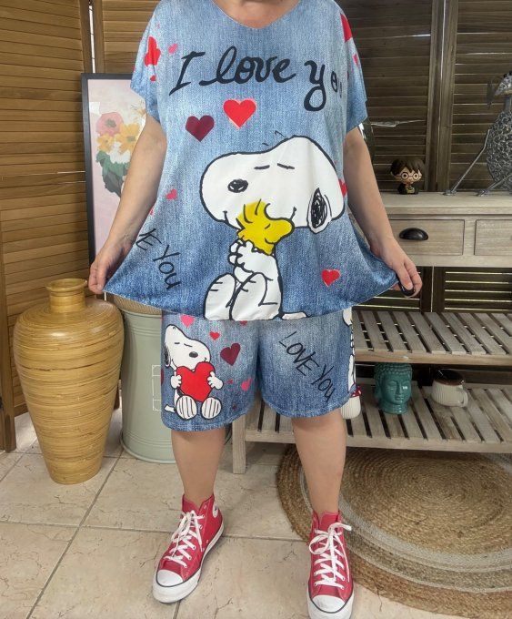 Ensemble short + top effet jeans délavé Snoopy & Woodstock in Love du 38 au 50/52  