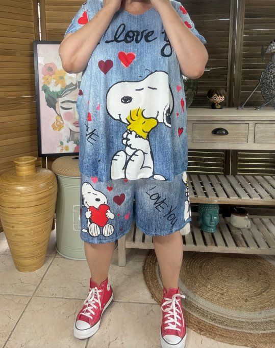 Ensemble short + top effet jeans délavé Snoopy & Woodstock in Love du 38 au 50/52  