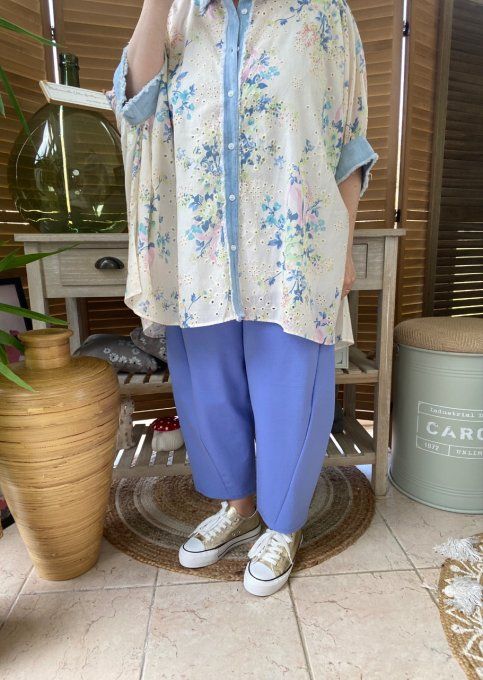 Chemise ample jeans stone et Fleurs Liberty  broderie anglaise du 42 au 54/56