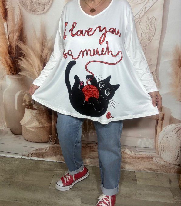 Lot de 2 Tops blancs manches longues Chat et Bouledogue du 42 au 56/58