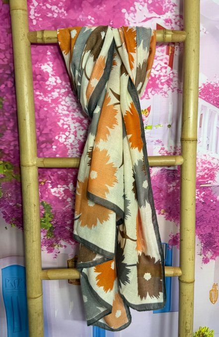 Grand Foulard Écharpe crème Marguerites orangées viscose douceur ++++ TOUTES TAILLES