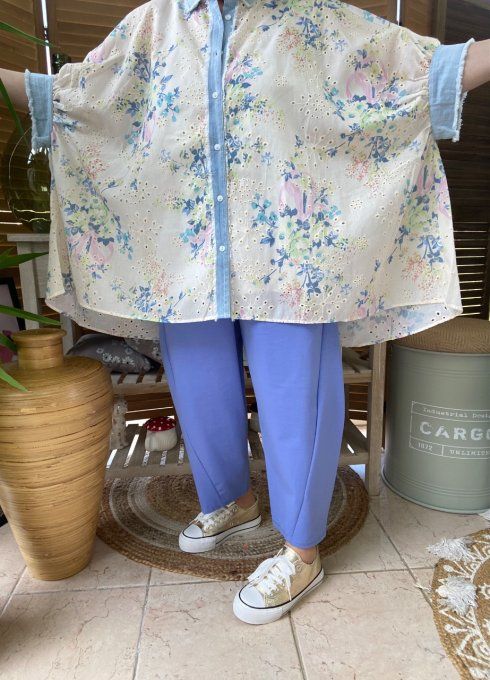 Chemise ample jeans stone et Fleurs Liberty  broderie anglaise du 42 au 54/56