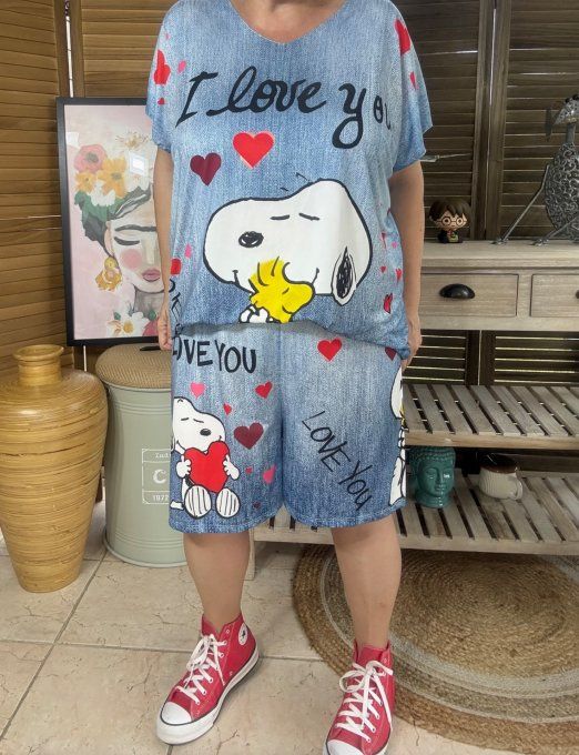 Ensemble short + top effet jeans délavé Snoopy & Woodstock in Love du 38 au 50/52  