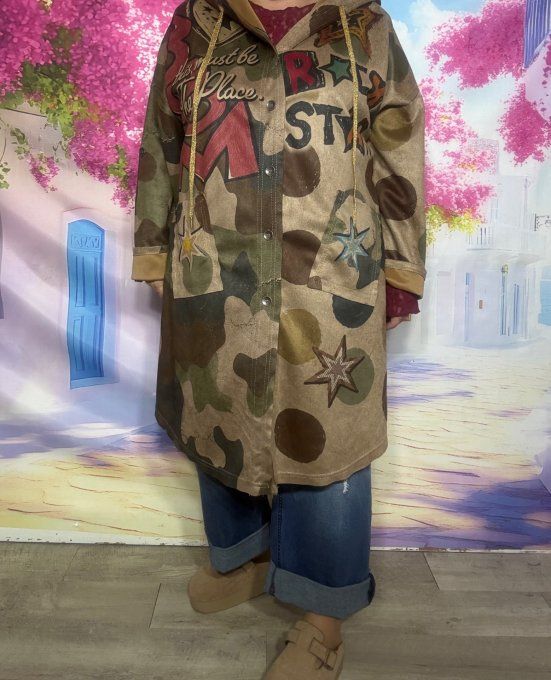 Veste à capuche longue surchemise suédine Camouflage Pois Etoiles Douceur +++ du 40 au 52 et même +