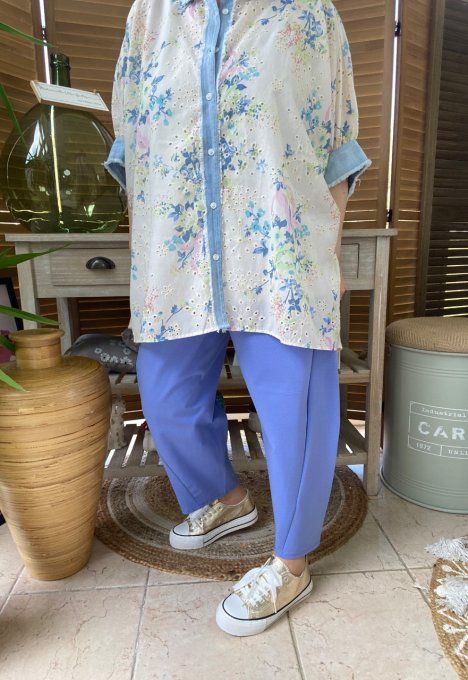 Chemise ample jeans stone et Fleurs Liberty  broderie anglaise du 42 au 54/56