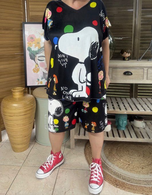 Ensemble short + top noir pois multicolores Lovely Snoopy du 38 au 50/52 