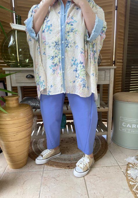 Chemise ample jeans stone et Fleurs Liberty  broderie anglaise du 42 au 54/56