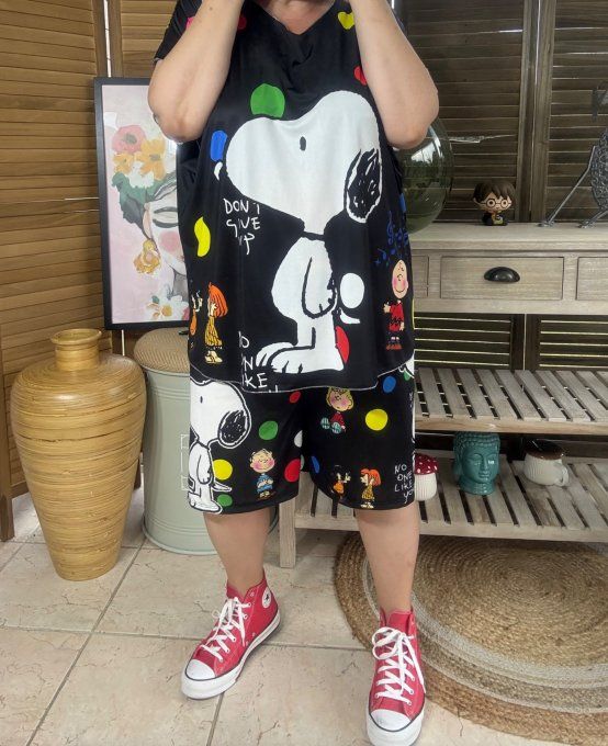 Ensemble short + top noir pois multicolores Lovely Snoopy du 38 au 50/52 