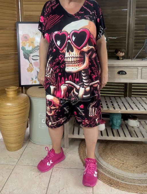 Ensemble short + top noir Funny Skeleton Lunettes coeurs du 38 au 50/52
