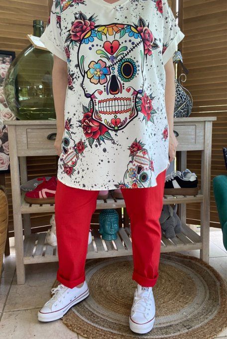 Top ample blanc Mexican Skulls & Red Roses du 42 au 52/54