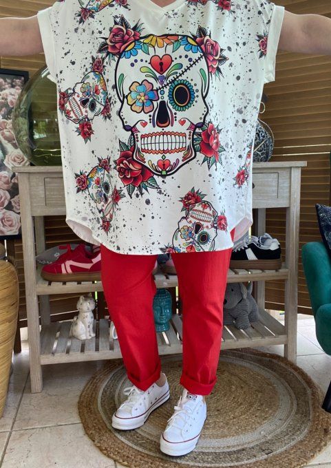 Top ample blanc Mexican Skulls & Red Roses du 42 au 52/54