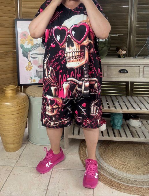 Ensemble short + top noir Funny Skeleton Lunettes coeurs du 38 au 50/52