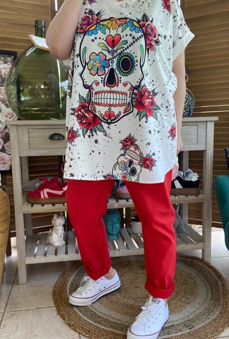 Top ample blanc Mexican Skulls & Red Roses du 42 au 52/54