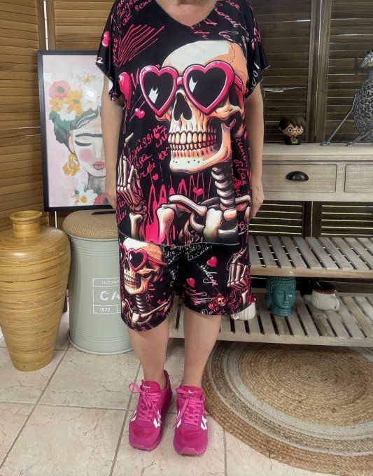 Ensemble short + top noir Funny Skeleton Lunettes coeurs du 38 au 50/52