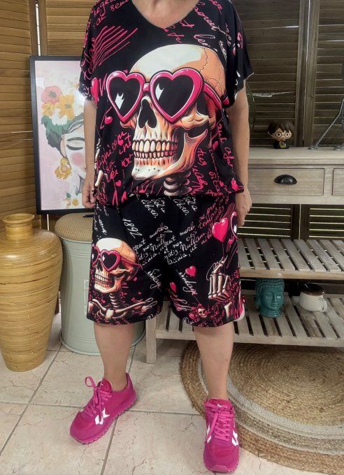 Ensemble short + top noir Funny Skeleton Lunettes coeurs du 38 au 50/52